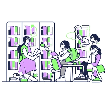 A student is standing in a library surrounded by tall shelves filled with books. The student, wearing glasses and a backpack, is startled as they accidentally drop a stack of books. The books are tumbling down to the wooden floor, and a few pages are slightly opened. The loud noise echoes through the quiet library, drawing the attention of several nearby people who are sitting at tables with their own books and laptops. Some of the patrons look up, surprised by the commotion, while others continue with their studies, maintaining focus on their tasks.