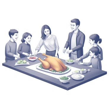 A family gathered around a wooden table filled with various dishes. The centerpiece of the table is a large, golden-brown turkey, beautifully presented on a platter. Surrounding the turkey are bowls of mashed potatoes, green beans, and cranberry sauce. The family members consist of four adults and two children, all smiling and engaged in conversation. One adult is carving the turkey, while another is reaching for a side dish. The table is adorned with a simple white tablecloth and decorative napkins. The warm atmosphere is highlighted by soft lighting from above.