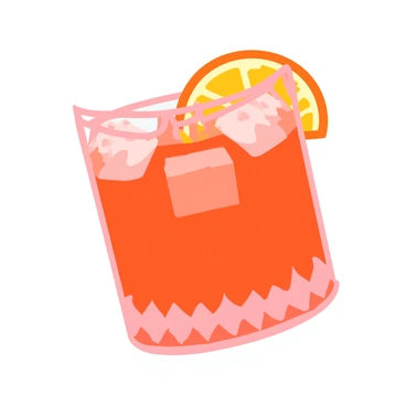 A close-up of a negroni cocktail served in a sparkling crystal glass. The drink is a vibrant reddish-orange color, with large, clear ice cubes slowly melting inside the glass. The surface of the cocktail is topped with a twist of orange peel, resting delicately along the rim. Reflections shimmer off the glass, highlighting its intricate cut designs. The background is softly blurred, emphasizing the detailed presentation of the negroni.