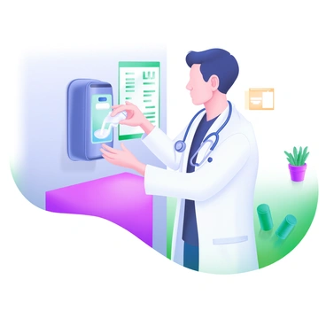 A doctor in a white lab coat is using hand sanitizer from a wall-mounted dispenser. The dispenser is sleek and modern, mounted on a clean, light-colored wall. The doctor has short, neat hair and is focused on ensuring their hands are properly sanitized. The environment is well-lit, with soft pastel colors highlighting the room. There is a stethoscope hanging around the doctor's neck, and in the background, a small chart and a potted plant can be seen, adding a touch of warmth to the scene.