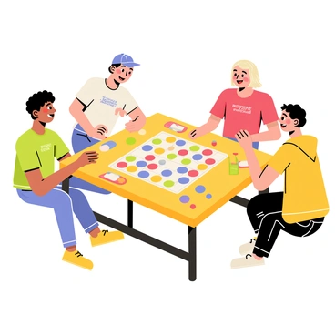 A picnic table set outdoors is surrounded by four friends happily engaged in a lively game of Ludo. Each friend has a distinct appearance: one has curly brown hair and wears a green t-shirt, another has straight black hair and sports a blue cap, the third has wavy blonde hair and is dressed in a red shirt, and the last one has short hair and is wearing a yellow hoodie. Colorful Ludo pieces are scattered on the table, and a large Ludo board is positioned at the center, displaying vibrant colors. The friends are smiling and laughing, with snacks and drinks placed around the table, creating a cheerful and playful atmosphere.