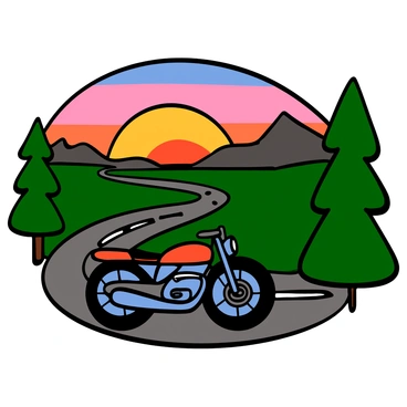 A motorbike with a sleek design is parked on a winding road at dawn. The sky is transitioning from dark to light, with hues of orange, pink, and purple as the sun begins to rise on the horizon. In the background, distant mountains silhouette against the vibrant sky. The road is lined with green trees, their leaves glistening with morning dew. The motorbike's chrome parts reflect the early sunlight, and a gentle breeze rustles the nearby grass, creating a sense of adventure.