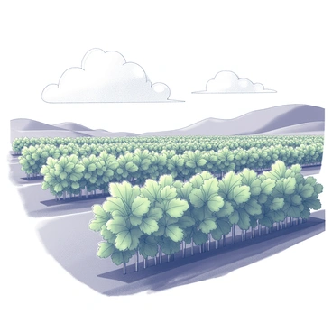 A wide view of a turmeric farm, showcasing neatly organized rows of turmeric plants stretching across the landscape. The plants have broad, lush green leaves that are visibly healthy and thriving. The sky above is clear with a few fluffy white clouds scattered throughout. In the background, gentle hills can be seen, adding depth to the scene. The ground is brown, indicating well-tended and cultivated earth. Sunlight casts soft shadows across the rows, highlighting the texture of the leaves and the outline of the plants.