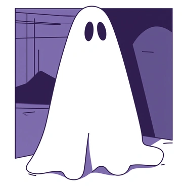 A white sheet is draped over a figure, creating a simple ghost costume. The sheet has two large black eye cutouts that give the ghost a playful expression. The edges of the sheet hang loosely to the ground, slightly gathering at the base, creating a floating appearance. The costume stands in a dimly lit room, enhancing the spooky atmosphere of Halloween.