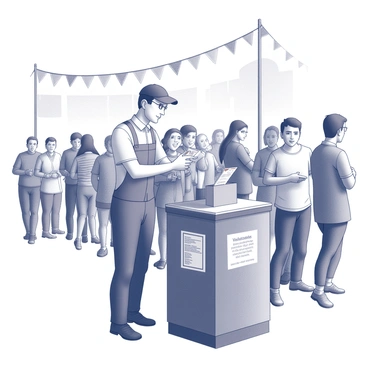 A festival worker stands at the entrance of a music festival. The worker is wearing a uniform, which includes a badge, and is focused on checking ID cards. The worker is holding an ID card in one hand while using the other hand to point to a designated area for validation. A queue of festival-goers is visible behind the worker, showing excited individuals waiting to enter. The atmosphere is lively, with decorations and banners visible in the background, indicating the festive environment.