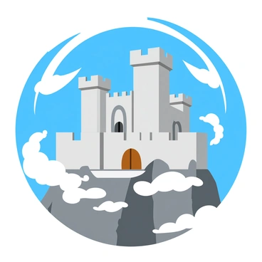 A grand castle with tall, intricate towers and large arched windows sits majestically on a mountain peak. The castle is made of light gray stone, featuring detailed carvings along the edges and a large wooden door in the center. Surrounding the castle, swirling white clouds drift gracefully, partially obscuring the view of the mountain's rocky surface. The sky above is a bright blue, contrasting with the castle's stone. Sunlight casts soft shadows on the castle, enhancing its majestic appearance.