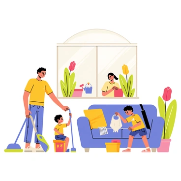 A cheerful scene of a family tidying up their home with flowers blooming outside