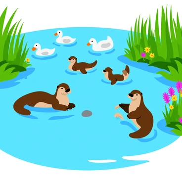 A vibrant wetland area filled with tall green reeds swaying gently in the breeze. The water reflects the bright blue sky, creating a serene surface. Several ducks with glossy feathers are floating gracefully on the water, some quacking softly. A playful family of otters swims nearby, their sleek bodies gliding through the water. The otters are in various poses, with one resting on its back while holding a small pebble. Lush plants and colorful wildflowers border the water's edge, adding a splash of color to the scene.