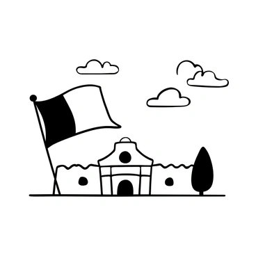 The "Mexican flag" raised prominently in the foreground, waving in the wind. The "Alamo," a historic mission building, stands in the background with its distinctive architecture and stone walls. The scene is set in a clear, open space, highlighting the contrast between the flag and the structure of the Alamo. A few scattered clouds can be seen in the sky above, adding depth to the scene.