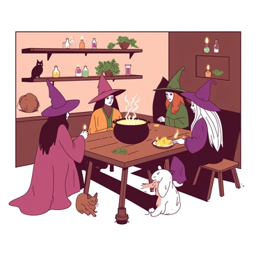 A cozy room with warm lighting filled with a group of witches gathered around a wooden table. Each witch has a unique appearance, wearing flowing robes in various earthy tones. In front of the table, there are several animal familiars, including a small black cat sitting on the lap of one witch, a brown owl perched on a shelf, and a white rabbit sitting at another witch's feet. The walls are adorned with shelves filled with potion bottles and herbs. A bubbling cauldron sits on the table, surrounded by candles that cast flickering shadows, creating an inviting atmosphere.