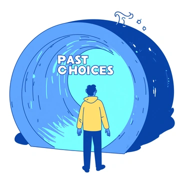 A blue person is standing at the entrance of a time tunnel that is labeled "Past Choices." The tunnel has swirling patterns and a shimmering effect, drawing the eye toward its depths. The person is wearing a yellow jacket, with hands resting at their sides, looking intently into the tunnel. Bright light emanates from within, creating a contrast against the darker surroundings. The atmosphere is filled with anticipation and curiosity.