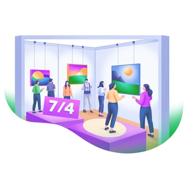 A modern pastel illustration of an art gallery interior featuring four distinct paintings hanging on the walls. The first painting displays vibrant colors, the second features abstract shapes, the third showcases a landscape, and the fourth highlights a portrait. Seven art lovers are positioned throughout the gallery, some standing in front of the paintings, while others engage in conversation. A large sign in the gallery reads "7/4" in an elegant font. Soft lighting enhances the colors of the artwork, and the floor is made of polished wood.