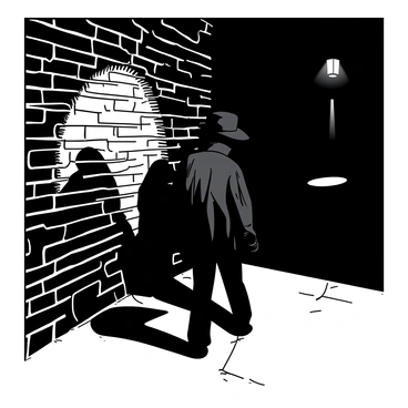 A dimly lit city street features a textured brick wall as the main backdrop. A silhouette of a thief is projected onto the wall, capturing the figure's crouched posture and stealthy stance. The thief's outline includes a hat and a bag slung over one shoulder. Shadows play across the bricks, emphasizing the contrast between light and dark in the scene. A faint glow from a distant streetlamp casts additional shadows, enhancing the atmosphere of secrecy and intrigue.