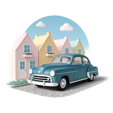 A classic vintage car, in a rich shade of deep blue, is parked on a cobblestone street. The car has chrome accents and round headlights that gleam in the light. Surrounding the car, quaint townhouses with pastel-colored facades and flower boxes adorn the windows. The cobblestone street is slightly weathered, with patches of greenery peeking through the stones. A clear blue sky stretches overhead, and a few fluffy clouds float gently by.