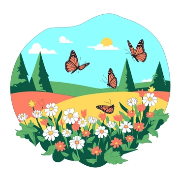 A vibrant field filled with blooming wildflowers is alive with movement as multiple orange and black monarch butterflies flutter gracefully among the blossoms. The butterflies are captured mid-flight, wings spread wide, showcasing their intricate patterns. The sun shines brightly in a clear blue sky, with soft warm air gently swaying the flowers around. In the background, a few green trees stand tall, providing a contrast to the colorful scene of butterflies and floral beauty.