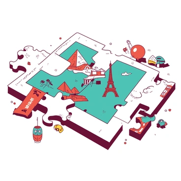 A white jigsaw puzzle is spread out on a wooden table, with various pieces depicting different landmarks from around the globe. In the center of the puzzle, there is an orange piece showcasing the Eiffel Tower, surrounded by teal pieces illustrating the Great Wall of China, the Statue of Liberty, and the Pyramids of Giza. Scattered around the puzzle are small cultural elements like a red Japanese lantern, a blue matryoshka doll, and a yellow tribal mask, all contributing to the theme of a travel adventure. The pieces are partially connected, highlighting the excitement of assembling them together.