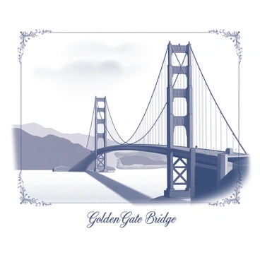 A detailed illustration of the Golden Gate Bridge, showcasing its iconic towers and suspension cables. The bridge spans across a calm body of water, with a landscape of rolling hills in the background. In the foreground, there are hints of vintage-style borders framing the scene, with delicate embellishments that evoke a nostalgic feel. The sky above is filled with soft, wispy clouds. "Golden Gate Bridge" is elegantly inscribed at the bottom of the postcard, enhancing the vintage aesthetic.