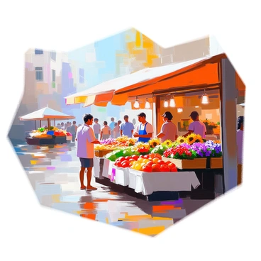 A vibrant market along the riverbank features a variety of stalls brimming with colorful flowers and fresh produce. The stalls are adorned with an array of bright blooms, including red roses, yellow sunflowers, and purple lilacs, each arranged in baskets and bouquets. Fresh fruits and vegetables, such as ripe tomatoes, crisp lettuce, and juicy oranges, are displayed prominently, enticing passersby. Shoppers are seen browsing the stalls, some stopping to chat with the vendors, while the river flows gently in the background, reflecting the colors of the market. The scene is lively, filled with the energy of people engaging in conversation and exchanging goods.