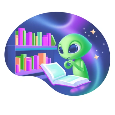An alien creature with vibrant green skin and large, expressive eyes is located in a cosmic library filled with glowing, floating books. The creature is holding its chin thoughtfully, with a slight frown, as it gazes at a holographic book that emits a soft blue light. Surrounding the creature are shelves filled with books that shimmer with various colors, and small stars twinkle in the background. The library has a swirling, nebulous ceiling that adds to the otherworldly atmosphere. The scene captures the essence of curiosity and contemplation as the alien engages with the holographic material.