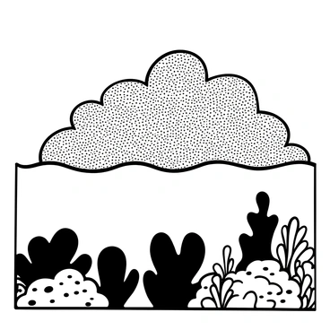 A swirling cloud of "phytoplankton" fills the ocean space, with intricate patterns formed by the tiny organisms. The fluid movement creates a dynamic surface, as it interacts with the surrounding water. Below, the ocean floor is visible, detailed with shadows and textures that provide depth to the scene. The overall composition captures the vastness of the ocean, emphasizing the contrast between the lively cloud and the serene expanse of water surrounding it.