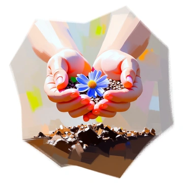 An open hand with light skin gently cradles a small pile of blue cornflower seeds, displaying their unique shapes and textures. The fingers are slightly curled around the seeds, showcasing the contrasting colors of the seeds against the skin. The hand is positioned above a patch of rich, dark soil, ready for planting. Sunlight filters down, creating a gentle highlight on the seeds and the hand, emphasizing the anticipation of new growth.