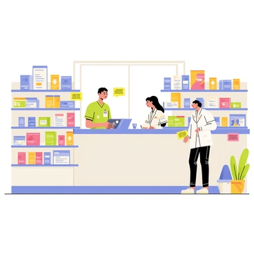 A pharmacy interior featuring shelves filled with neatly arranged boxes of medication and health products. The shelves are organized by category, displaying colorful packaging for over-the-counter drugs, vitamins, and supplements. A bright, well-lit space with a clean tile floor enhances the visibility of each product. A friendly pharmacist stands behind the counter, ready to assist customers. Small informational signs are placed throughout the store, providing details about various health products. A large window lets in natural light, illuminating the tidy environment.