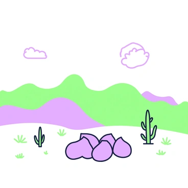 A surreal desert landscape featuring sand dunes shaped like "aubergines." The dunes rise and fall in smooth, flowing curves, creating an undulating terrain that stretches towards the horizon. In the foreground, a cluster of these "aubergine" dunes stands together, casting elongated shadows on the sandy surface. A few sparse, stylized plants with spiky leaves can be seen dotting the landscape between the dunes. Above, a cloudless sky stretches wide, emphasizing the vastness of the scene.