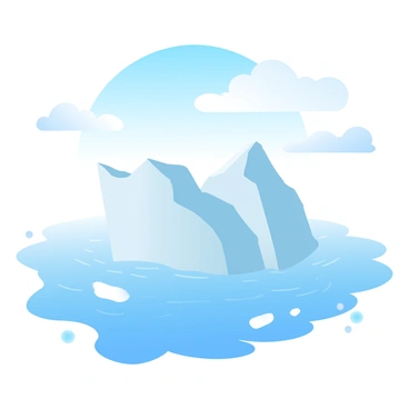 A large iceberg with a crystalline structure is floating in a polar sea. The iceberg has sharp edges and a luminous surface reflecting shades of blue and white. Surrounding the iceberg are smaller ice fragments scattered across the water's surface. The sea is a calm shade of deep blue, with gentle ripples creating a sense of tranquility. Above, the sky is a vivid blue with soft white clouds drifting lazily across the horizon.