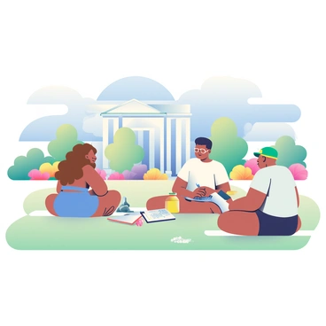 A group of three artists is sitting on the grass in the garden of the V&A Museum, sketching with pencils and charcoal. One artist has long curly brown hair and is wearing a blue sundress, intently focused on drawing a sculpture nearby. The second artist has short black hair and is wearing a white t-shirt and denim shorts, capturing the vibrant flowers with a sketchbook on their lap. The third artist, with a green cap and glasses, is sitting cross-legged and drawing the museum's elegant architecture in their sketchbook. Around them, colorful blooming flowers in shades of pink, yellow, and purple fill the garden, and a clear blue sky stretches above. A gentle breeze rustles through the leaves of nearby trees, adding to the tranquil atmosphere.