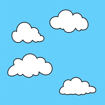 Fluffy white clouds, soft and rounded, floating across a bright blue sky that is clear and expansive. The clouds vary in size and shape, some appearing puffy while others stretch and elongate. The blue sky is vivid, with no other elements present, emphasizing the simplicity and openness of the scene. The overall composition highlights the contrast between the white clouds and the blue background, creating a sense of lightness.