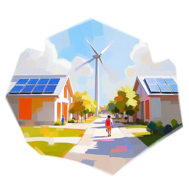 A university campus scene featuring several solar panels installed on the rooftops of modern buildings. In the background, a tall windmill stands, its blades rotating gently in the breeze. Green pathways wind through the campus, lined with grass and small trees, inviting students to walk and socialize. The sky is clear, and sunlight reflects off the solar panels, emphasizing the sustainable energy efforts of the campus.