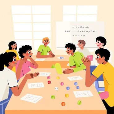 A classroom scene featuring students engaged in an interactive math game. Several students are sitting at wooden desks, each with colorful cards spread out in front of them. There are various rolled dice scattered among the cards, showcasing different numbers on each face. The students are smiling and eagerly discussing their strategies, creating a lively atmosphere. A whiteboard in the background displays math equations, adding to the educational theme of the scene. Bright sunlight filters through the windows, illuminating the cheerful environment.
