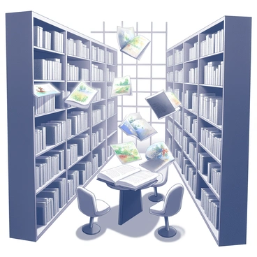 A large library filled with towering shelves of books. Each book is uniquely designed and appears to be slightly open, with pages fluttering as if a gentle breeze passes through. Several books are transforming, with illustrated scenes emerging from their pages. Characters and landscapes spring to life, showcasing vibrant animations of fantastical worlds. A wooden reading table sits in the center, surrounded by plush chairs, inviting visitors to explore the magical stories. Soft light filters in through tall windows, illuminating the enchanting atmosphere of the library.