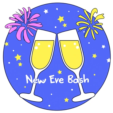 A New Year's Eve bash invitation that features a vibrant background filled with colorful fireworks bursting in the night sky. In the foreground, there are two elegant champagne glasses clinking together, creating a sense of celebration. The glasses are filled with golden bubbly champagne, and a few sparkling stars are scattered around them, enhancing the festive atmosphere. The invitation text features "New Year's Eve Bash" prominently in the center, with decorative swirls surrounding it.