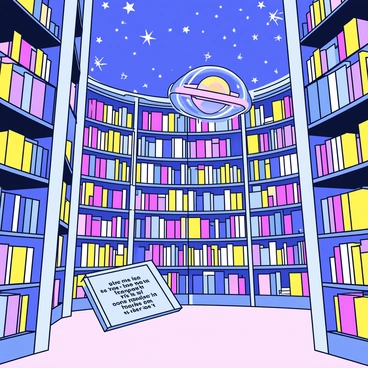 A vast galactic library with towering shelves filled with colorful books and holographic displays. The books are levitating in mid-air, some spinning slowly, while others drift gently around the space. Digital archives are floating nearby, glowing with vibrant colors and displaying animated text. The library has a transparent dome ceiling with a view of twinkling stars and distant galaxies. A soft light illuminates the entire scene, creating a sense of wonder and exploration.