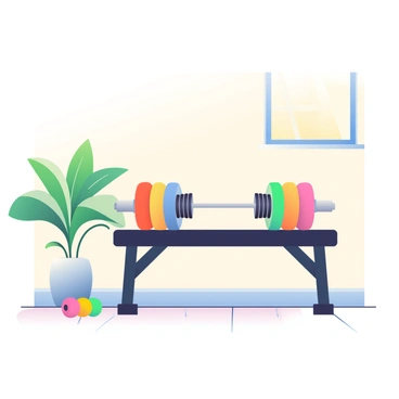 A cozy home corner is set up for hip thrust exercises. In the center, there is a sturdy black bench positioned against a soft beige wall. A silver barbell rests across the bench, with colorful weight plates stacked on either side. The barbell's grips are covered in textured black rubber. Beside the bench, a set of small dumbbells in vibrant colors is neatly arranged on a wooden floor. A large indoor plant in a ceramic pot adds a touch of green to the scene, while a gentle light filters through a nearby window, creating a warm atmosphere.