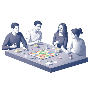 A group of four friends is seated around a rectangular table. They are focused on a board game in front of them, with various game pieces and a colorful game board visible. Each friend has a unique expression, showing excitement and concentration. One friend leans forward, considering their next move, while another is laughing, holding a snack in their hand. There are multiple bowls of snacks scattered across the table, including chips and pretzels. A few drinks are also placed on the table, alongside an assortment of playing cards and dice. The setting has a cozy ambiance, enhancing the feeling of camaraderie among the friends.
