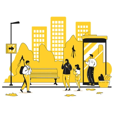 A city bus stop filled with several people waiting for their bus. The individuals include a man wearing a black jacket holding a coffee cup, a woman with a yellow backpack looking at her phone, and a child standing beside a parent, both eagerly watching for the bus. In the background, tall buildings rise dramatically, their windows reflecting sunlight. A city street sign is visible next to the bus stop, and a few scattered leaves are blown by the wind on the sidewalk.