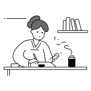 An artist, wearing a traditional white hanbok, is seated at a wooden table. The artist is focused on a sheet of rice paper, using a black brush dipped in ink to create elegant strokes. A small ink stone and a jar of water are visible on the table beside the artist. The background features simple shelves filled with books about calligraphy and art supplies. The setting reflects a quiet, dedicated atmosphere for practicing the art of Korean calligraphy.