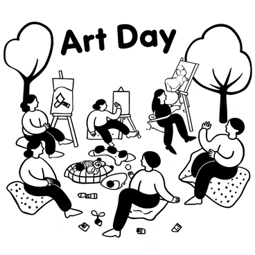 A group of families sitting on picnic blankets spread across the grass in a park. Children are busy painting on large canvases set up on easels, while adults are assisting them by holding palettes and brushes. Nearby, a table is filled with various craft supplies such as scissors, colored paper, and glue, where some children are cutting shapes and gluing them together. Trees create a natural backdrop, and the ground is dotted with scattered paint tubes and brushes. "Art Day" is written in bold letters above the scene, capturing the playful and creative atmosphere.