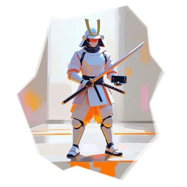 A modern-day samurai stands in a training area, holding a traditional katana in one hand while a sleek, high-tech gadget is in the other. He is wearing a blend of traditional samurai armor and contemporary athletic gear, showcasing a fusion of old and new. The background features a minimalistic training space, with abstract shapes and lines representing a futuristic environment. The samurai's posture is dynamic, emphasizing focus and discipline as he practices his sword techniques. There are hints of technology integrated into his armor, such as digital displays and sensors.