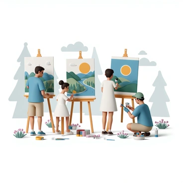 A group of artists is working outdoors, each focused on their own canvas. One artist, wearing a blue shirt and khaki shorts, is painting a vibrant landscape featuring a lush forest and rolling hills. Next to them, a woman in a white dress is sketching a detailed illustration of a winding river, while a man in a green cap is capturing the golden sunset with bold strokes on his canvas. Colorful paint tubes and brushes are scattered around each artist, and the background features tall trees, blooming wildflowers, and a clear blue sky. The scene is lively, filled with the energy of creativity and nature.