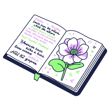 A journal lying open on a table, showcasing a detailed illustration of a gardenia flower on one of its pages. The gardenia is carefully painted, capturing its intricate petals and deep center. Surrounding the flower, there are handwritten notes in various sizes and styles, detailing thoughts and ideas. The notes are scattered around the gardenia, with some words highlighted or underlined, creating a lively composition. The journal itself has a textured cover, adding depth to the scene.