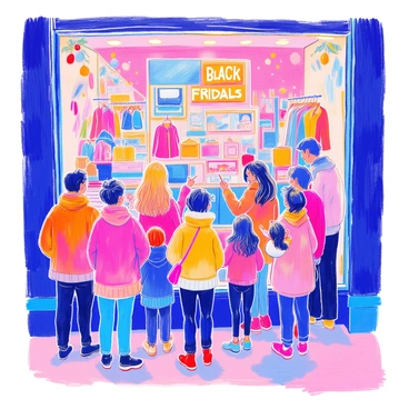 A group of people stands outside a shop, peering eagerly into the window. The window displays a variety of colorful items marked with bright "Black Friday Deals" signs. There are electronics, clothing, and accessories showcased prominently. The crowd includes a diverse mix of adults and children, all with expressions of excitement and anticipation. Some are pointing at specific items, while others are conversing animatedly. The scene is set in a bustling urban environment with festive decorations visible in the background.