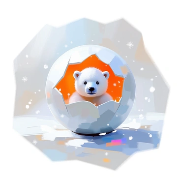 A polar bear cub is emerging from a cracked, snowy ice egg, surrounded by a pristine white landscape. The cub has soft, fluffy white fur and bright, curious blue eyes. Snowflakes are gently falling around it, creating a magical atmosphere. The ice egg, partially translucent, reflects the soft light of the winter day. The scene captures the wonder of new life in a cold, wintry environment.