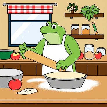 A green frog wearing a white apron stands on a wooden countertop in a rustic kitchen. The frog is holding a rolling pin in one hand and a pie dish in the other. Flour is dusted across the countertop, and various ingredients are scattered around, including apples, cinnamon, and sugar. The background features wooden shelves lined with jars of spices and fresh herbs. A window with a checkered curtain lets in sunlight, illuminating the cozy atmosphere of the kitchen. The frog has a focused expression as it concentrates on making the pie.