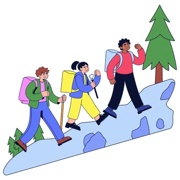 A group of three friends hiking up a steep mountain trail. Each friend is wearing a colorful backpack and holding a sturdy walking stick. The first friend has short brown hair and is wearing a green jacket, while the second friend has long black hair tied in a ponytail and is dressed in a blue hoodie. The third friend is wearing a red t-shirt and has curly hair. They are surrounded by tall trees and rocky terrain as they make their way up the trail.