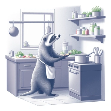 A badger standing on its hind legs in a rustic kitchen. The badger is wearing a small apron and is skillfully stirring a pot on a wood-burning stove. Various ingredients, such as fresh vegetables and herbs, are spread across a wooden countertop. There are hanging pots and pans, and the walls are adorned with wooden shelves filled with jars and cooking utensils. Soft light filters in through a small window, casting gentle shadows in the cozy space.