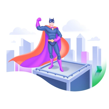 A heroic flat-faced character wearing a vibrant red cape and a sleek black mask is striking a powerful pose on top of a tall city building. The character stands confidently with one fist raised in the air, showcasing a sense of strength and determination. The rooftop is adorned with metallic details, and the skyline of a modern city can be seen in the background, featuring various skyscrapers and clouds in a soft pastel color palette. The character's costume is bright and eye-catching, contrasting with the muted colors of the city buildings.