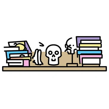 A wooden desk, cluttered with various anatomy books stacked haphazardly, showcasing colorful covers and detailed illustrations. Several intricate anatomy models are arranged on the surface, including a human skeleton and a muscular figure, each displaying different layers of human anatomy. In the center of the desk, a realistic human skull is positioned, highlighting its detailed features. Soft light casts gentle shadows, enhancing the textures of the materials on the desk.